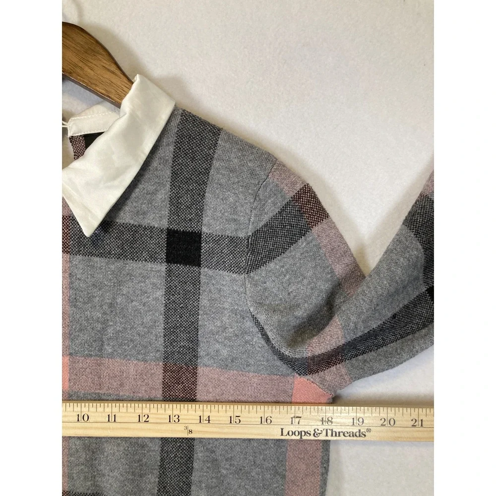 Preppy Tahari Women‎ Medium Grey Pink Plaid Layered Look Collared Sweater